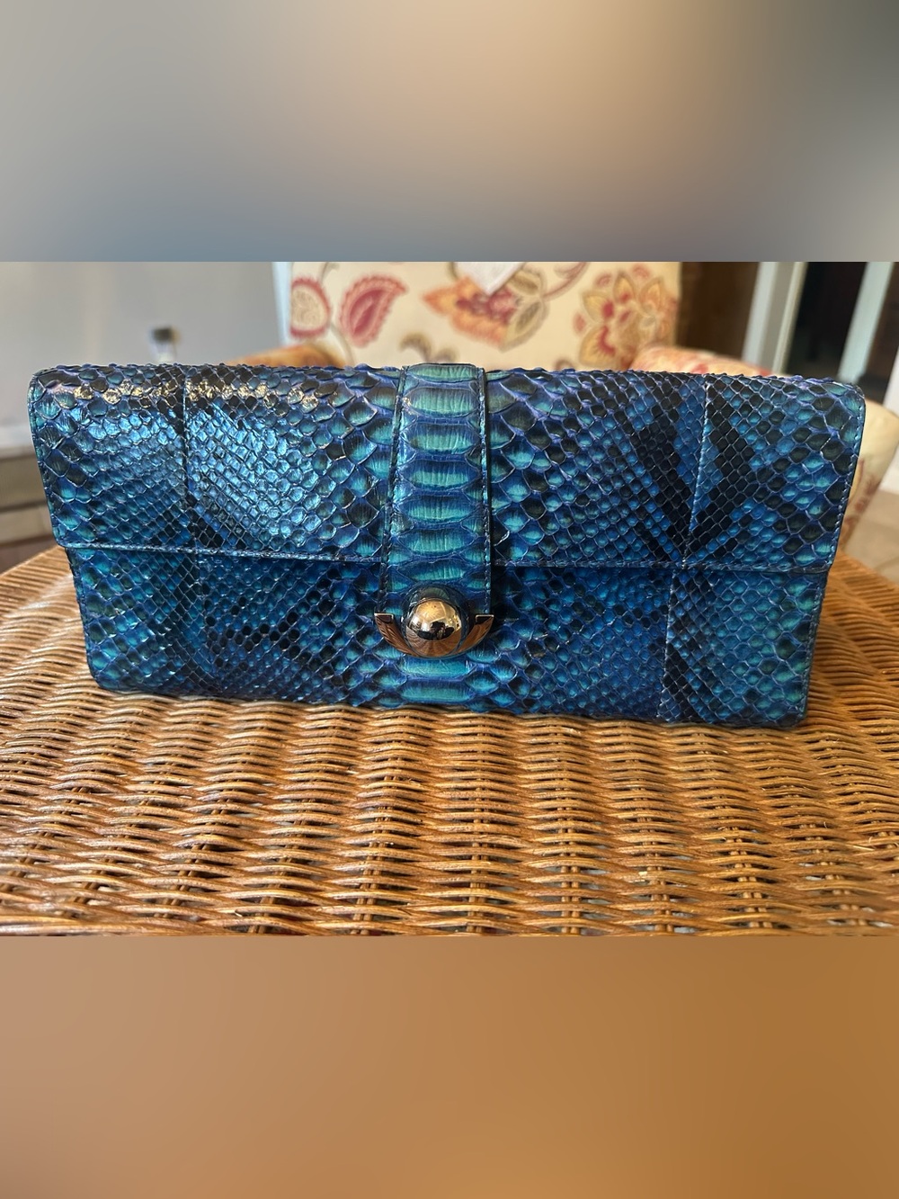 SALVATORE FERRAGAMO Exotic Blue Python Leather Clutch w/Gancini Motif Front Flap - Picture 2 of 9